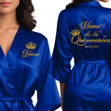 Personalized satin mama de la quinceanera robes. Royal blue quince robes with gold glitter. 