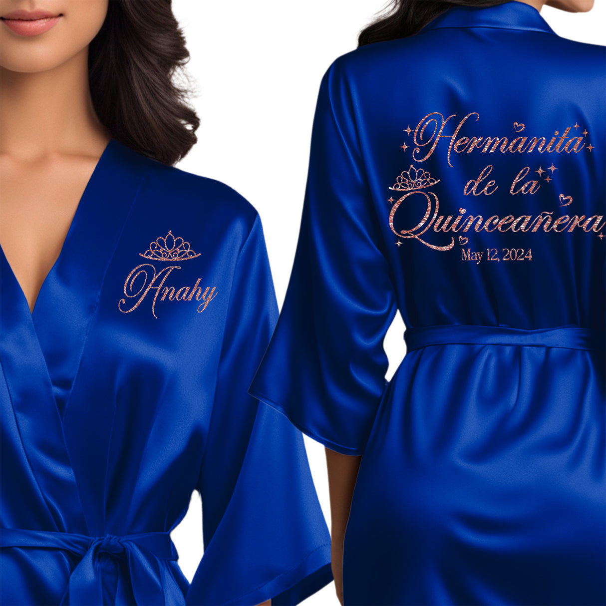 Women's quinceanera satin robes. Personalize with your name and event date. Royal blue quince robes for little sister.