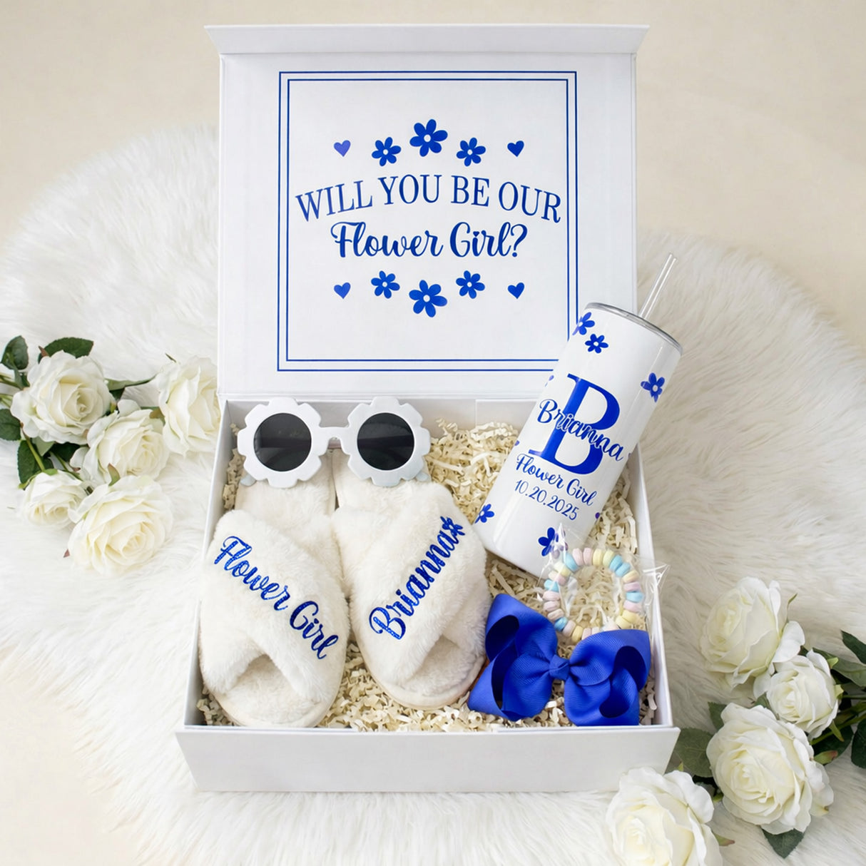 Sweet Pea Flower Girl Proposal Box with Fluffy Slippers & Tumbler