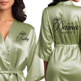 Sage quinceanera robes for damas. Beautiful satin sage robes with black glitter.