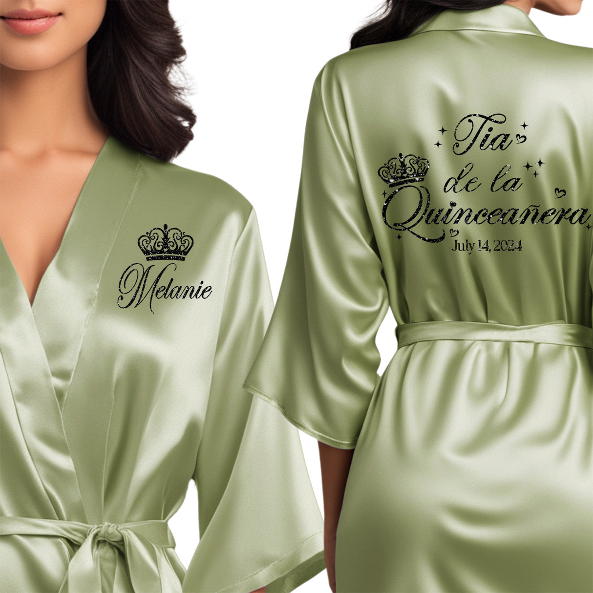 Beautiful sage quinceanera robes. Personalized satin robes for tia de la quinceanera. 