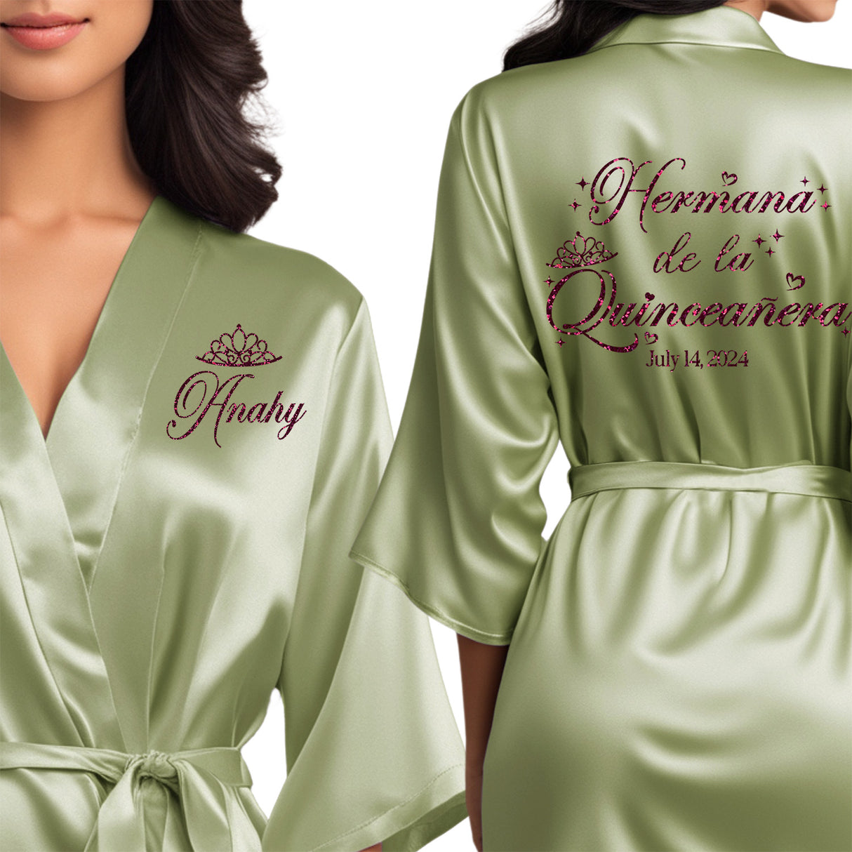 Personalized sage quinceanera robes with burgundy glitter. Hermana de la quinceanera getting ready robes.