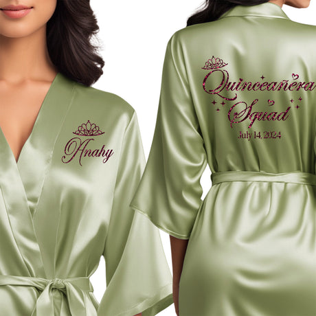 The perfect personalized satin sage green quince robes for the entire quinceanera squad. 