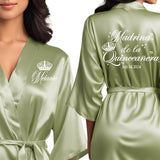 Satin sage quince robes with white design. Madrina de la quinceanera gtting ready robes.