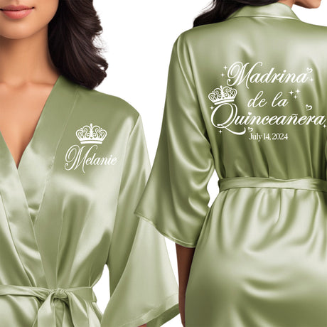 Satin sage quince robes with white design. Madrina de la quinceanera gtting ready robes.