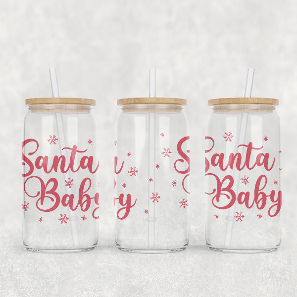 16 oz Red Santa Baby Glass Cup for the Holidays - Tumbler with Lid and Straw