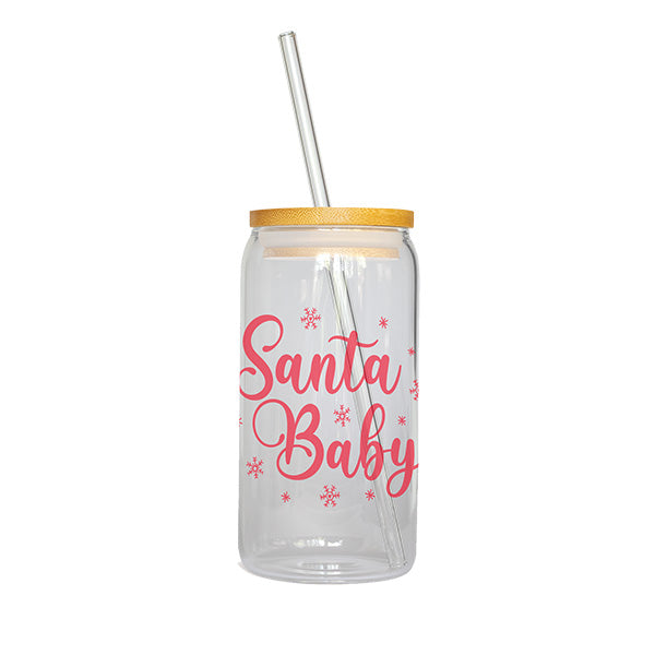 16 oz Red Santa Baby Glass Cup for the Holidays - Tumbler with Lid and Straw