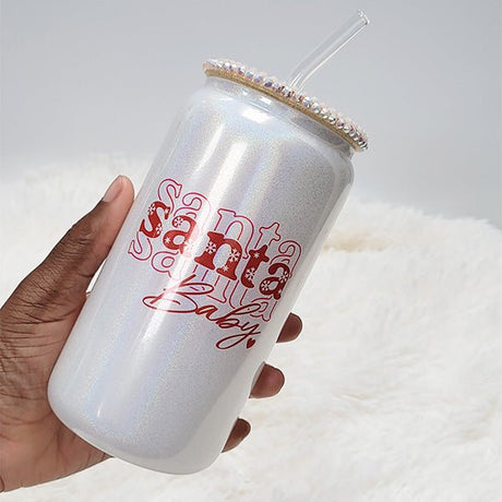 Santa Baby Christmas Iced Coffee Glass Tumbler with Straw and Rhinestone Lid - Gifts Are Blue