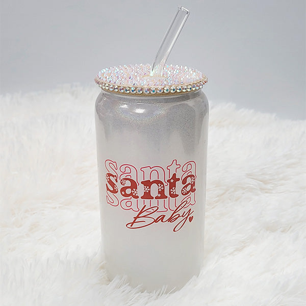Santa Baby Christmas Iced Coffee Glass Tumbler with Straw and Rhinestone Lid