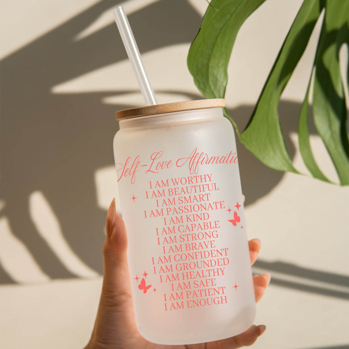 Beautiful phrases of self love affirmations adorn this Frosted Iced Coffee Glass Can.