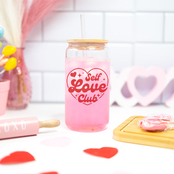 16 oz Self Love Club Iced Coffee Glass Cup - Valentines Day Coffee Cup - Tumbler with Lid and Straw