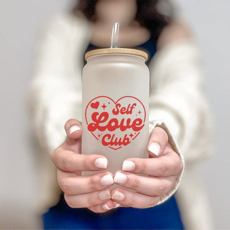 16oz Self Love Club Frosted and Clear Iced Coffee Glass Tumbler - Gifts Are Blue