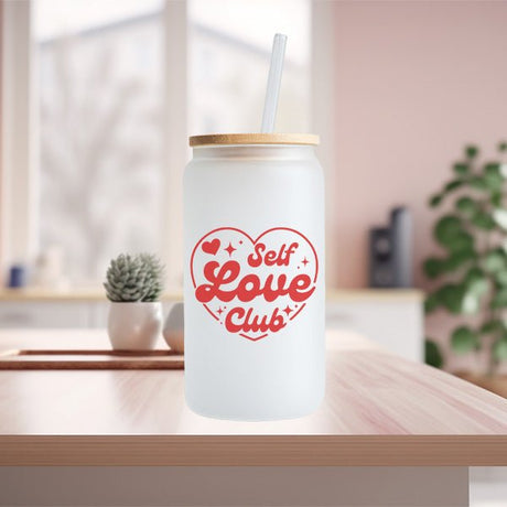 16oz Self Love Club Frosted and Clear Iced Coffee Glass Tumbler - Gifts Are Blue