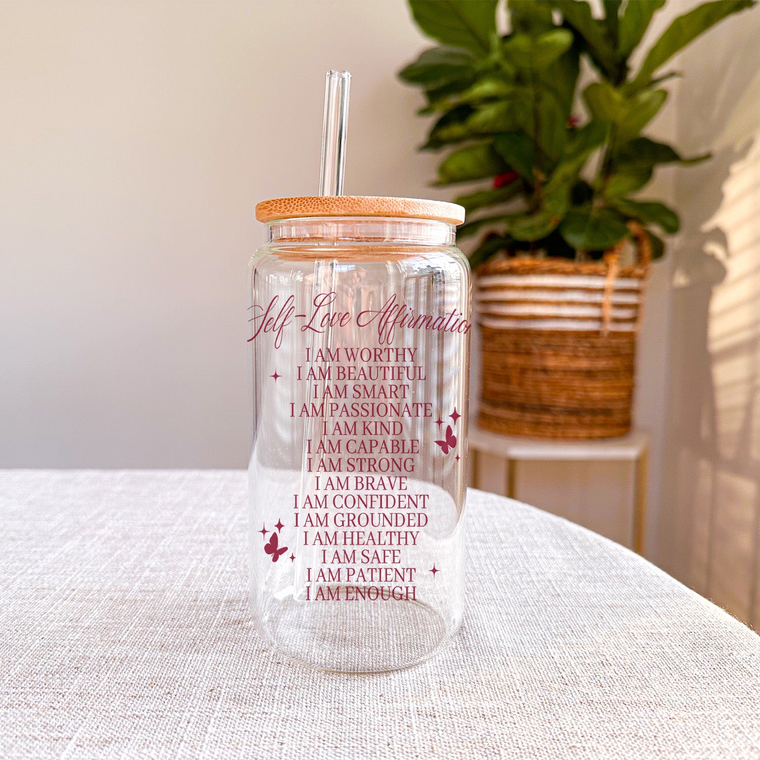 You can choose the color of text you are wanting on these clear iced coffee glass cans features words of affirmation.