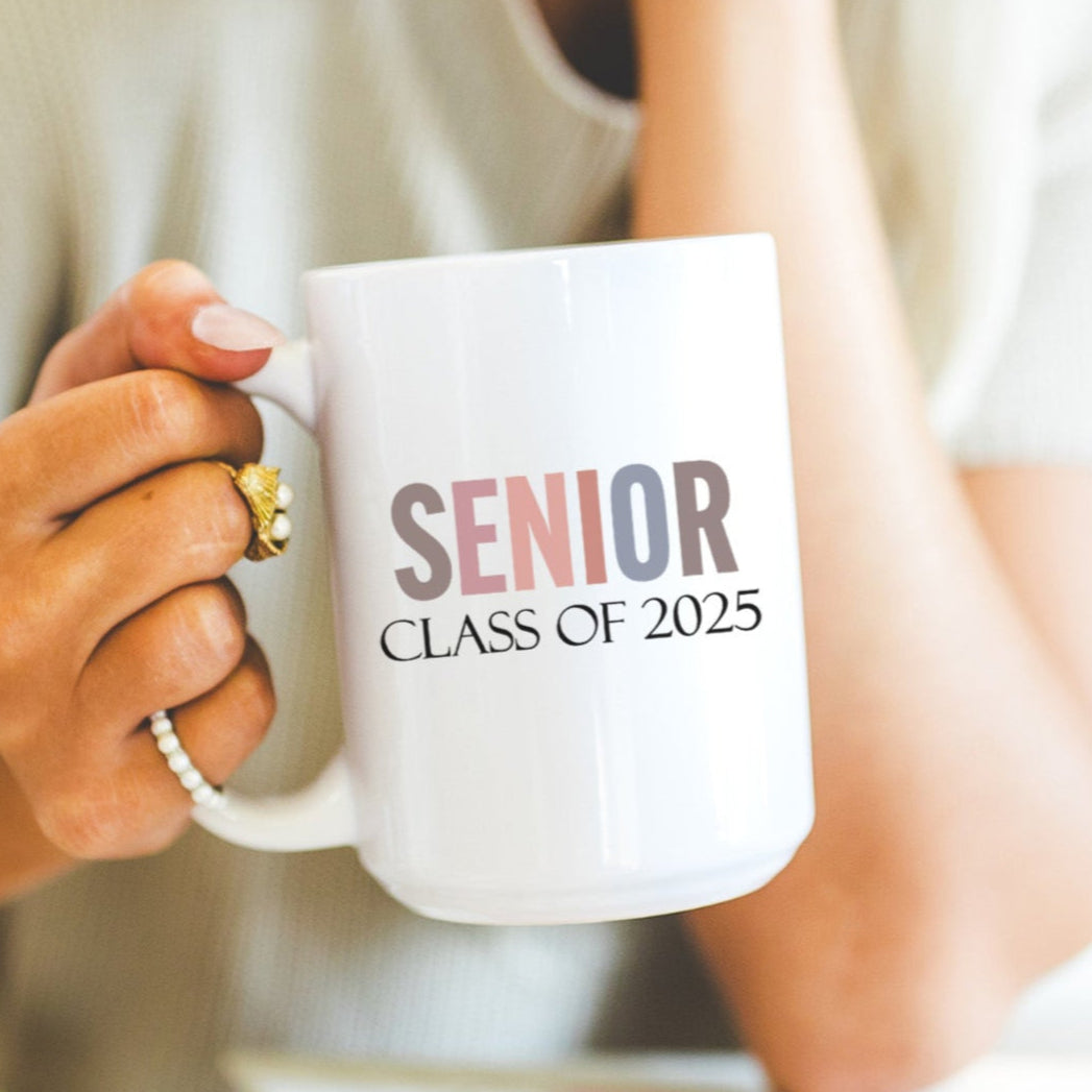 Minimalist graduation mugs featuring clean Senior design, perfect for senior gifts or graduation party. Graduation gift ideas for her from parents. 