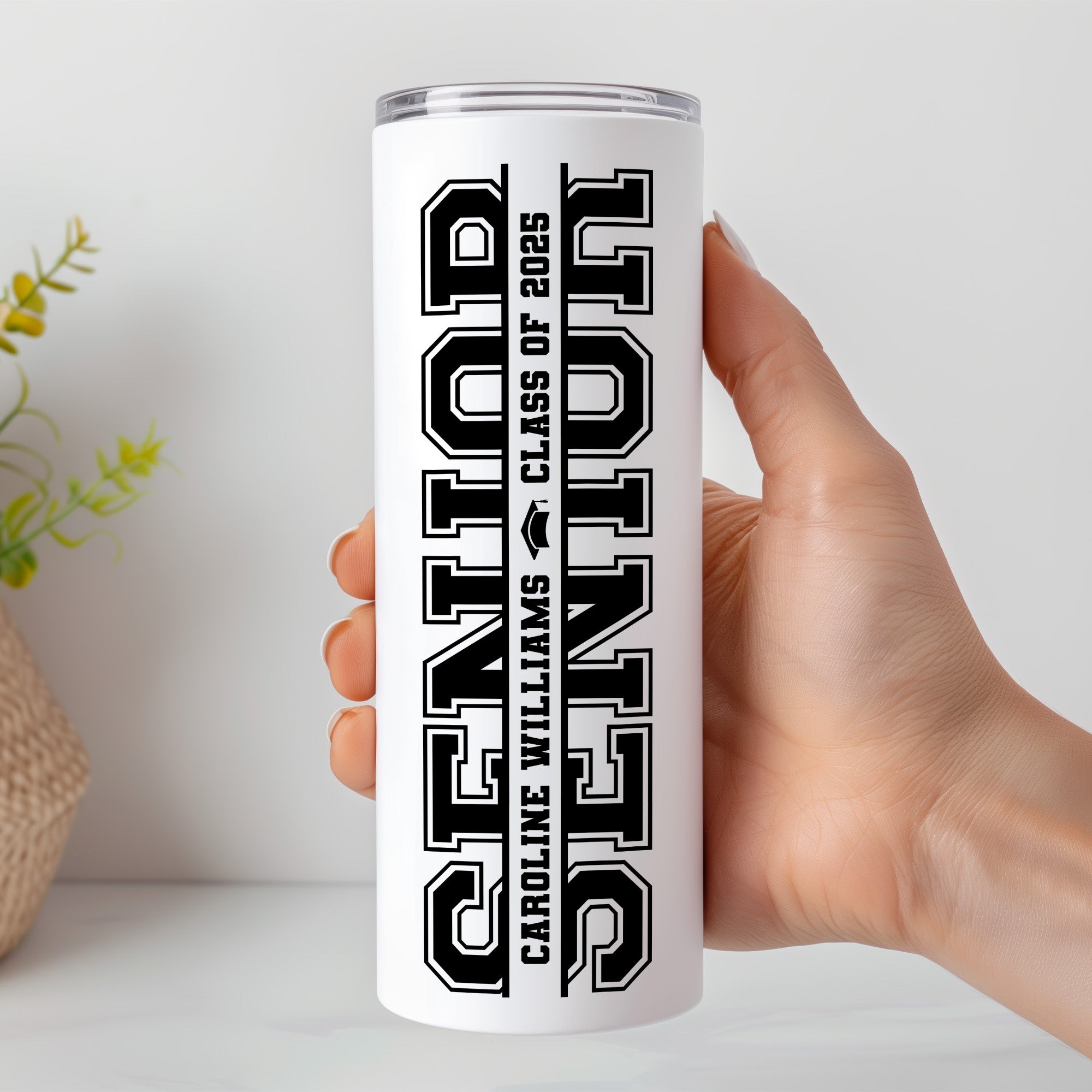 Insulated skinny tumbler with graduation photo and name, 20 oz cup designed for daily use and gifting.  Bold senior design on tumbler for gifts for graduation. 