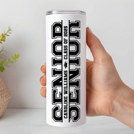 Insulated skinny tumbler with graduation photo and name, 20 oz cup designed for daily use and gifting.  Bold senior design on tumbler for gifts for graduation. 