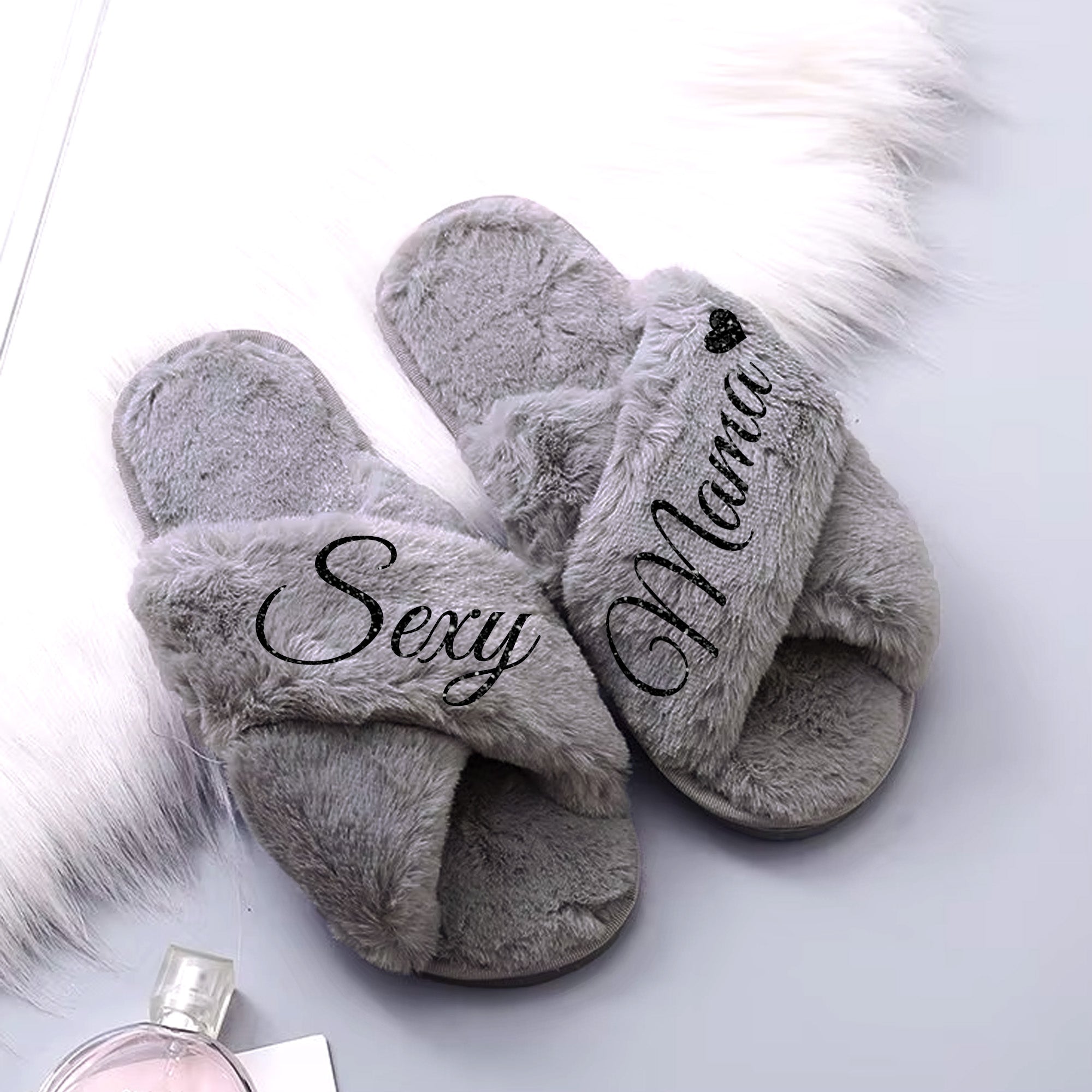 Comfortable Sexy mama Fluffy Glitter Slippers for Women Ideal Valentine's Gift for Her or Birthday Gift for Wife.