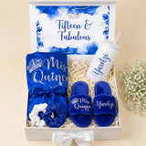 Royal Blue Deluxe Quinceanera Gift Box with Mis Quince Robe & Slippers