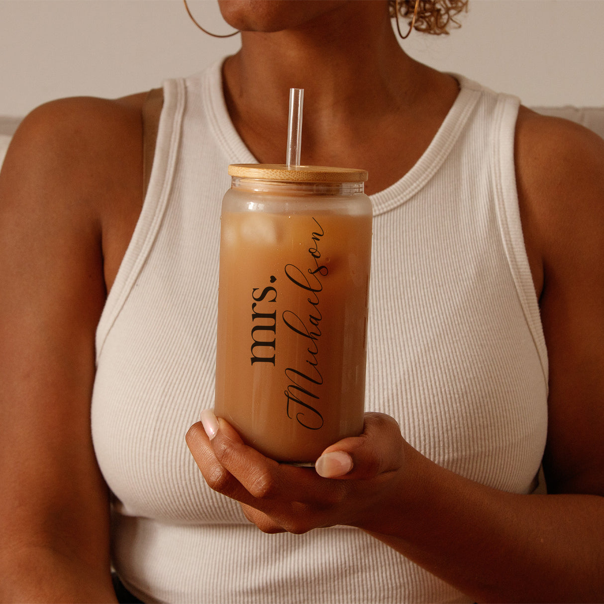 Custom frosted tumbler with lid and straw featuring mrs last name.