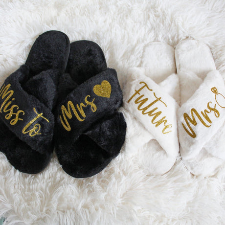 Fluffy bride  to be slippers ideal for brides-to-be looking for cozy slippers to wear during the wedding morning. 