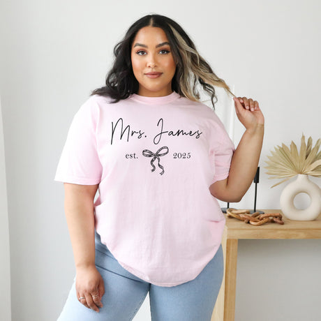 Custom Future Mrs. Comfort Colors shirt, personalized bride-to-be gift with name and year.