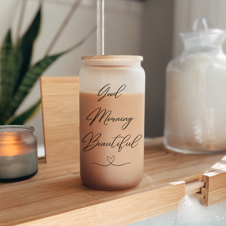 Frosted Iced Coffee Glass Can tumbler with the words Good Morning Beautiful.