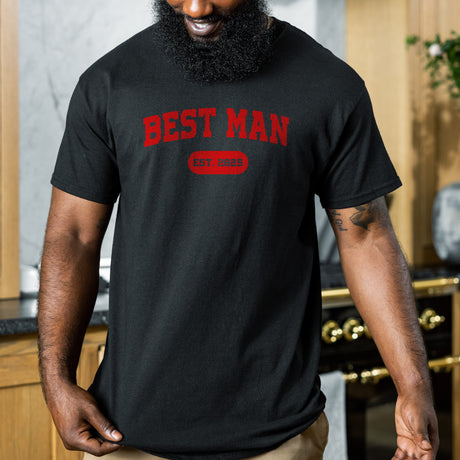 Black custom bachelor shirt for Best Man with EST year, personalized wedding party shirt for men, perfect bachelor party outfit idea.
