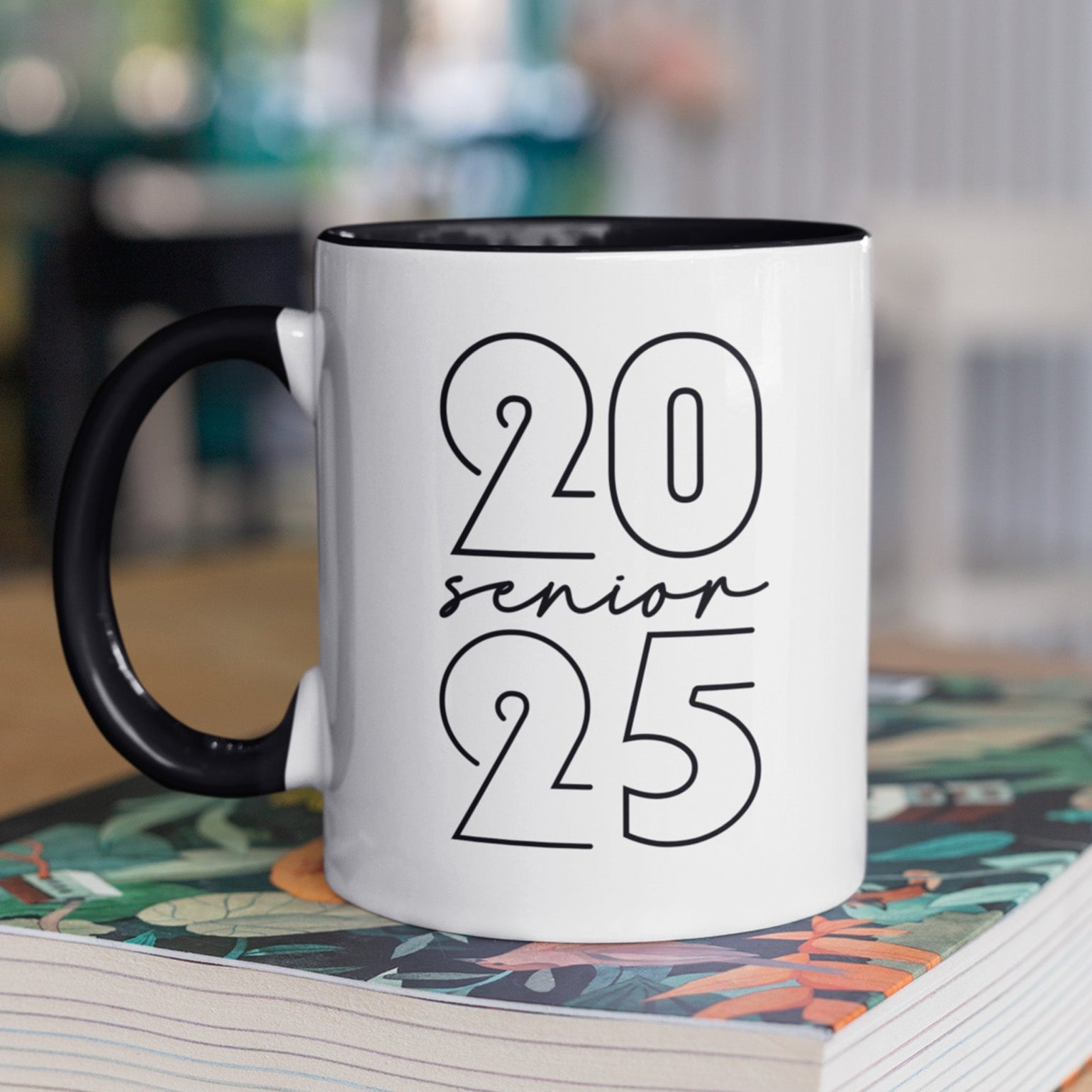 Minimalist Class of 2025 graduation mug for seniors, simple black text design. Simple graduation coffee mug for him or her, Class of 2025 gift idea.
