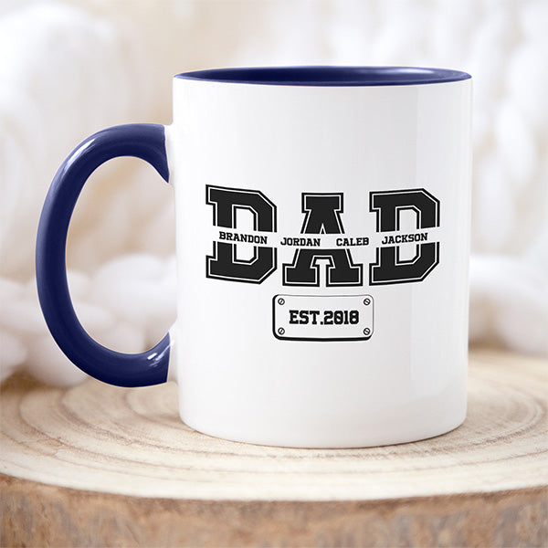 Dad mug with custom text and year established, great for Father’s Day or birthday from the kids.