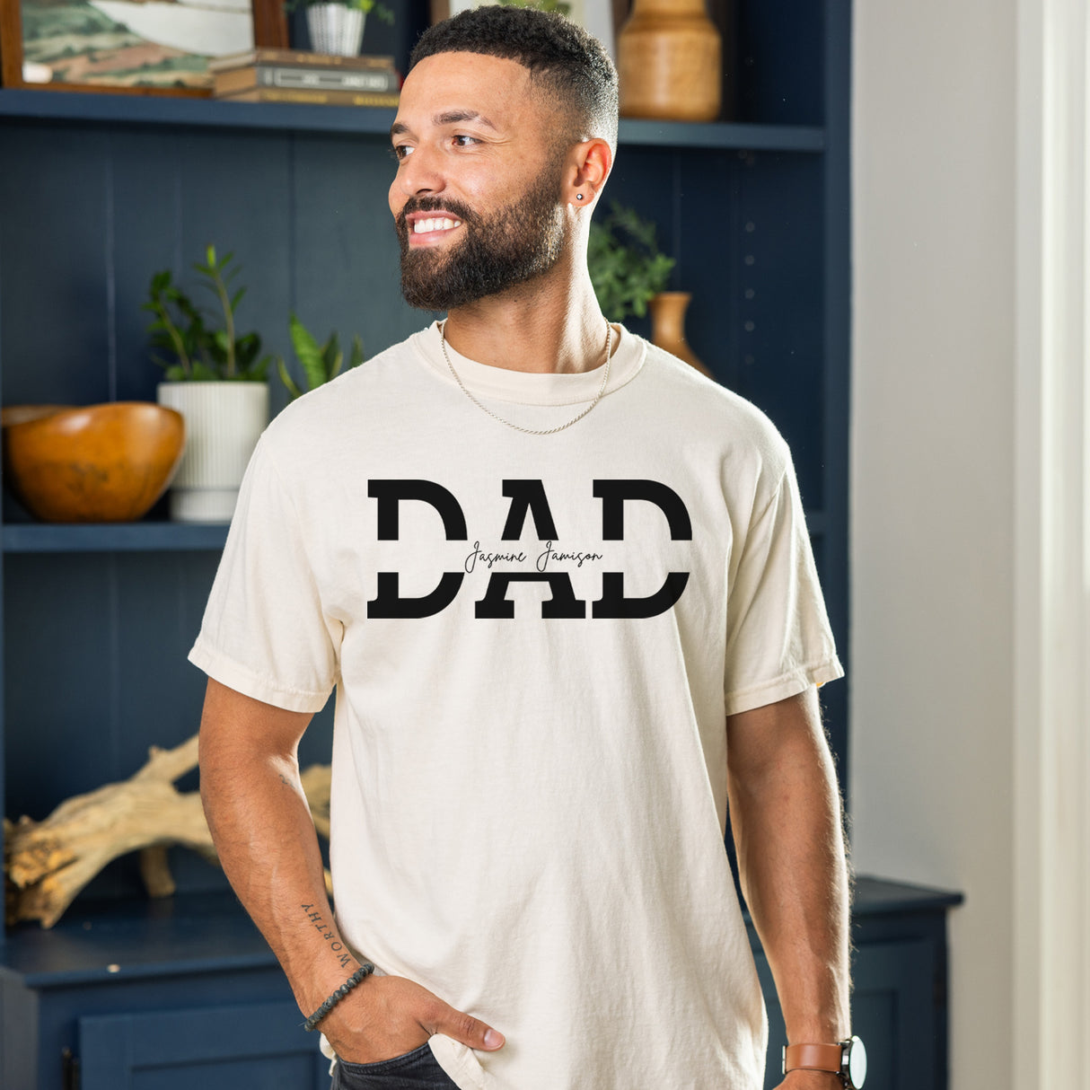 Ivory custom dad t-shirt with children's names printed, ideal for a meaningful Father’s Day gift or birthday gift for dad.
