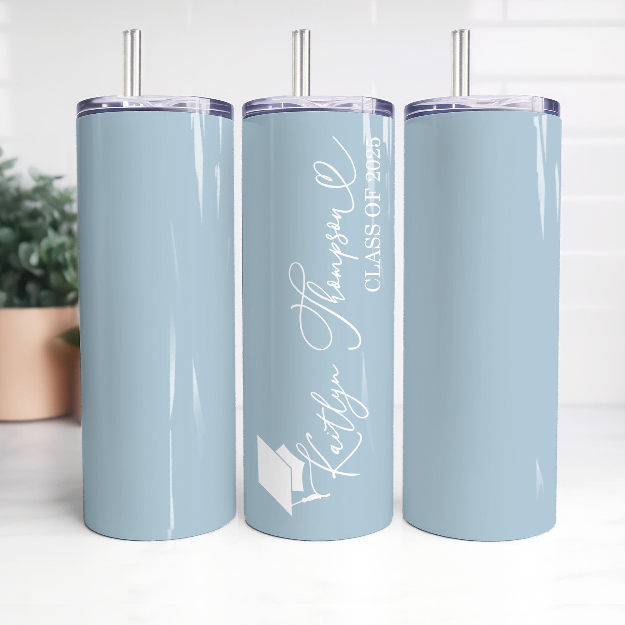 Class of 2025 blue tumbler graduation gift for her, with personalized details. Custom gift for her to mark her graduation milestone in Class of 2025.