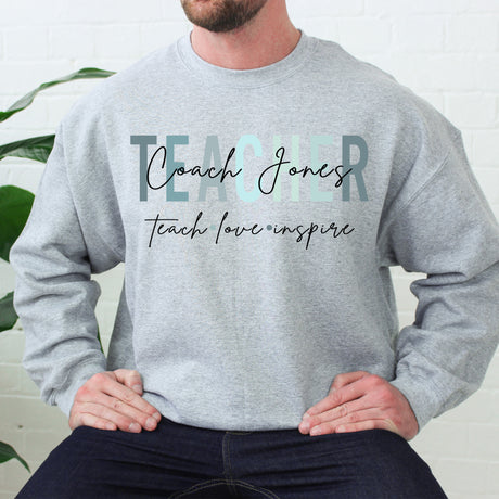 Grey personalized men’s teacher sweatshirt with last name, custom crewneck teacher gift