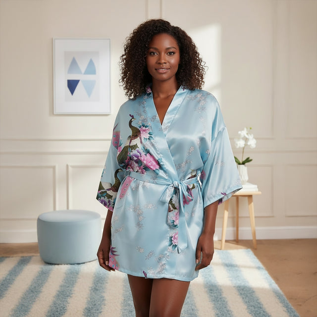 Womens Short Floral Kimono Robe, 2 to 18, Bride & Bridesmaid Robes Gifts Are Blue Womens Short Floral Kimono Robe, 2 to 18, Bride & Bridesmaid Robes Gifts Are Blue