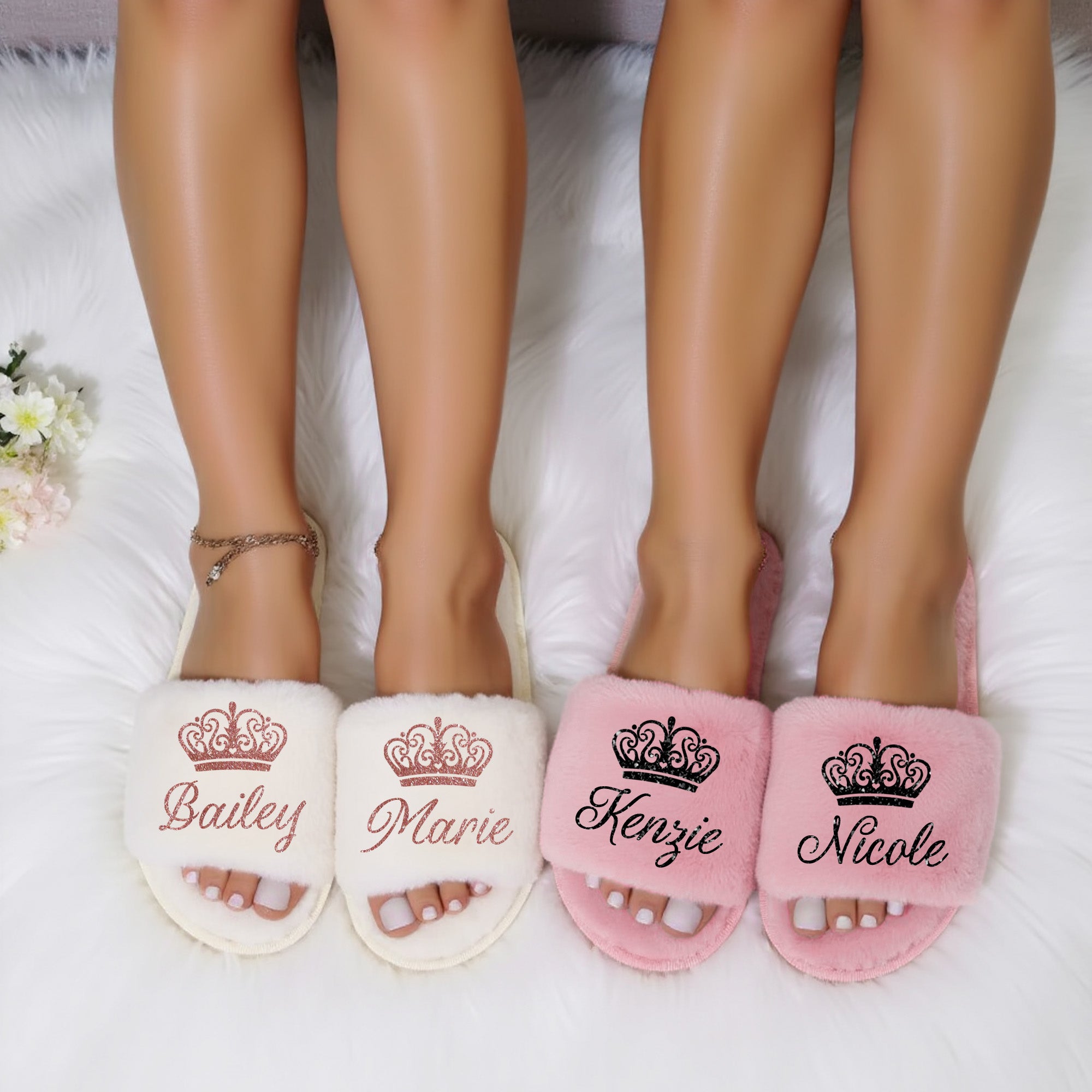 Queen Fluffy Slide Slippers for Women Personalized with Name, Custom Gifts for Her