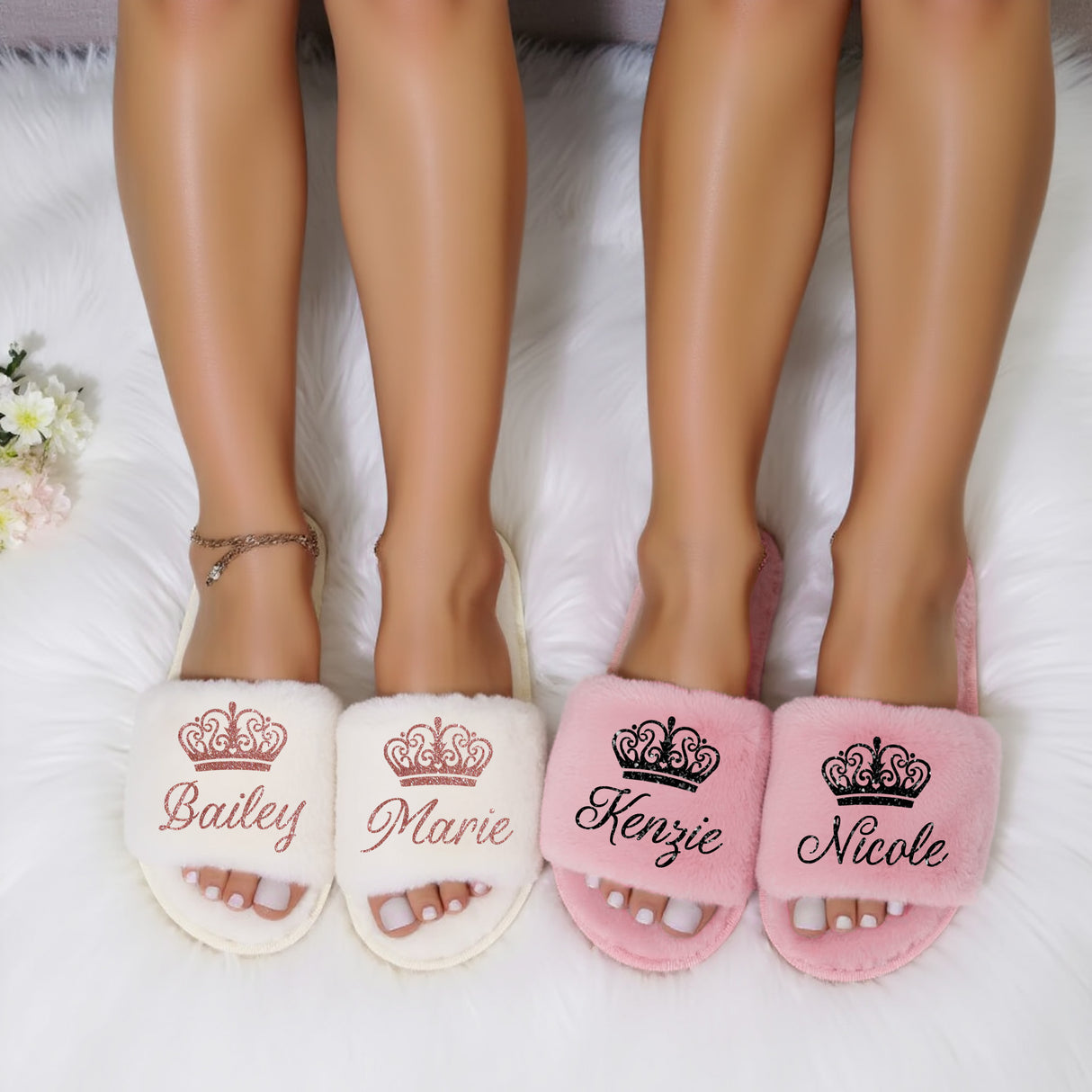 Queen Fluffy Slide Slippers for Women Personalized with Name, Custom Gifts for Her