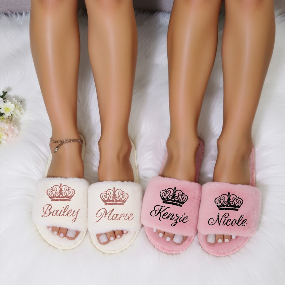 Queen Fluffy Slide Slippers for Women Personalized with Name, Custom Gifts for Her - Gifts Are Blue