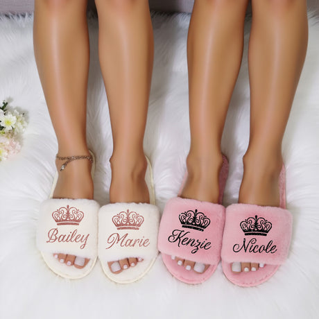 Queen Fluffy Slide Slippers for Women Personalized with Name, Custom Gifts for Her