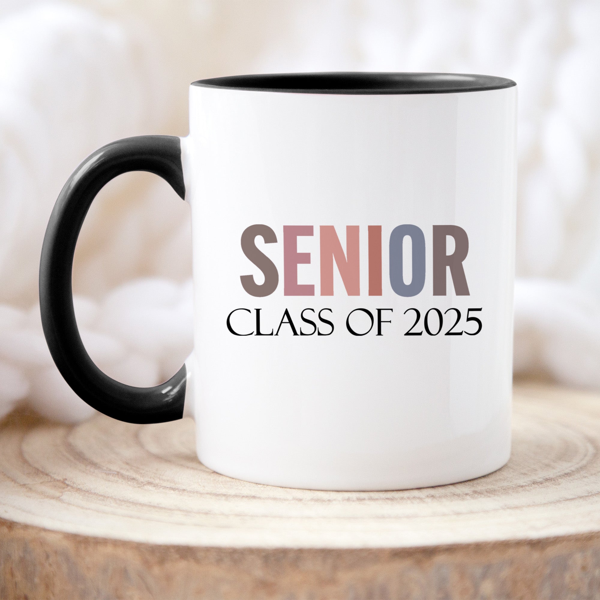 Graduation coffee mug for Class of 2025 seniors, minimalist design gift in multiple sizes, perfect for him or her.