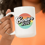 White ceramic mug with Class of 2025 printed in bold letters, designed as a graduation gift and keepsake for male or female seniors. Graduation-themed mug labeled Class of 2025, perfect as a sentimental gift for him or her to celebrate senior year achievements.