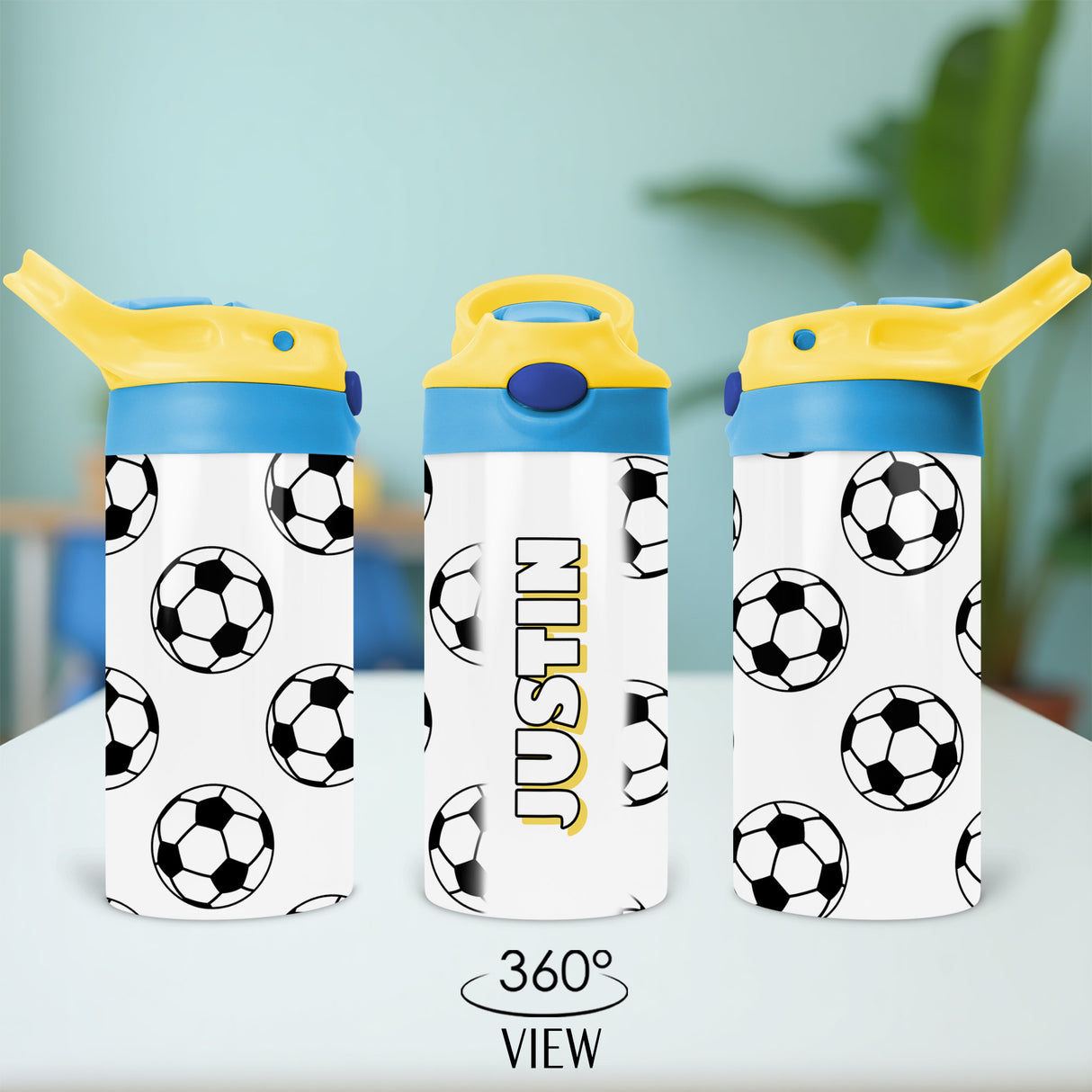 Soccer themed personalized water bottle for kids with custom name for back to school and practice.
