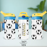 Soccer themed personalized water bottle for kids with custom name for back to school and practice.