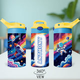 Personalized space water bottle for school, camp, and outdoor activities with custom name.