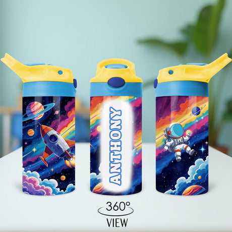 Personalized space water bottle for school, camp, and outdoor activities with custom name.