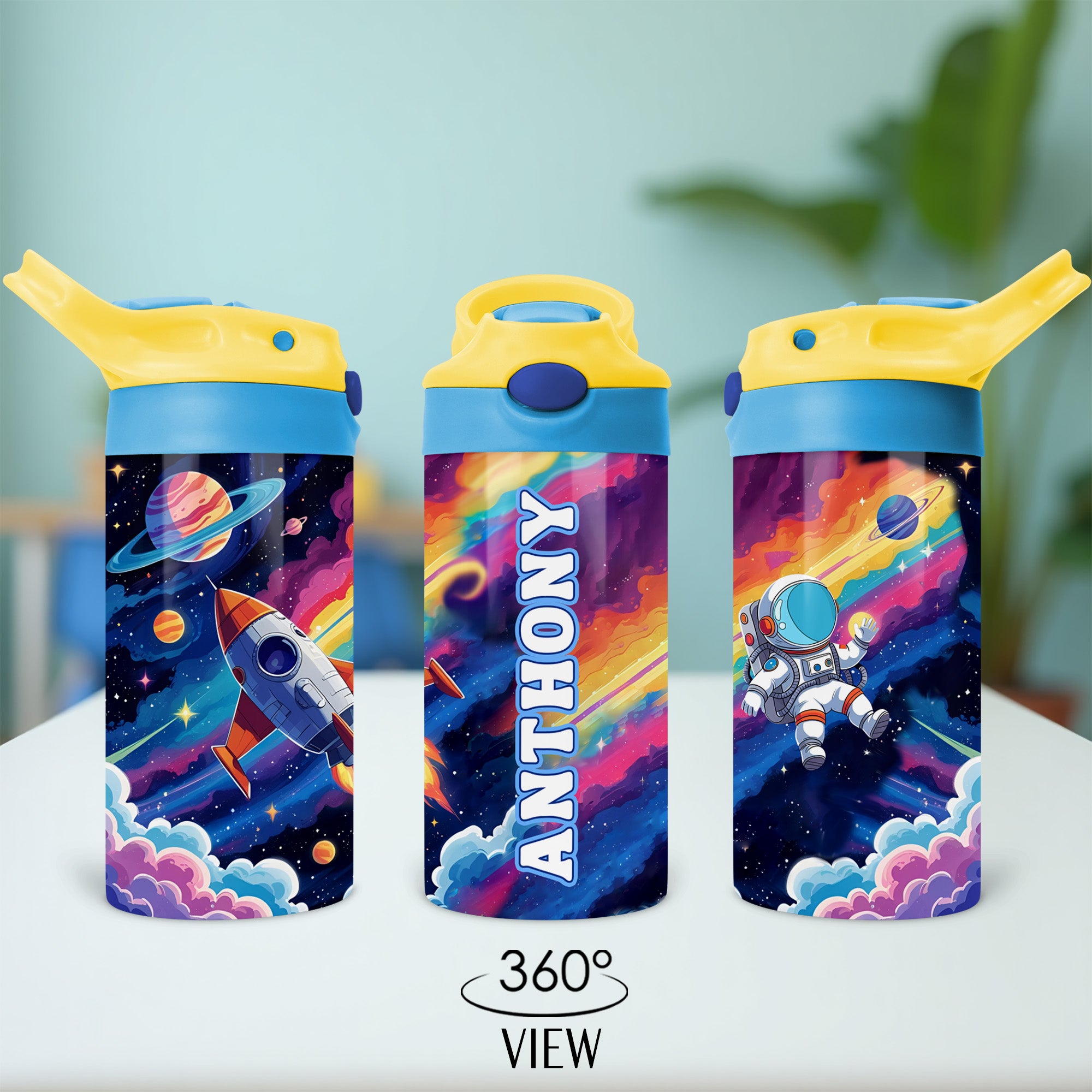 Personalized space water bottle for school, camp, and outdoor activities with custom name.