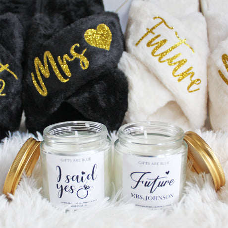 Gold Themed Personalized Engagement Gift Bundle with Slippers for New Fiance - Gifts Are Blue