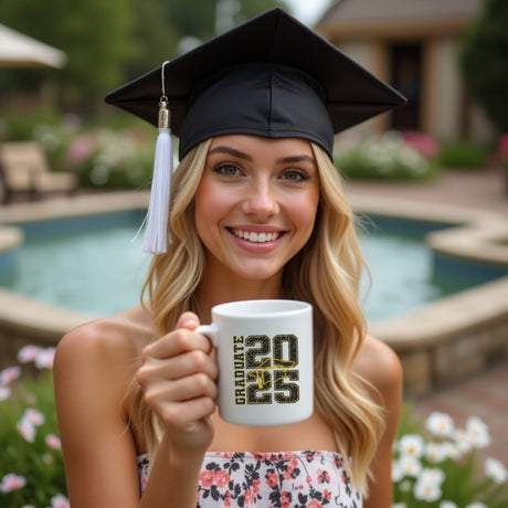 Girl holding cute graduation coffee mug with glitter design, the perfect gift for any graduate. 