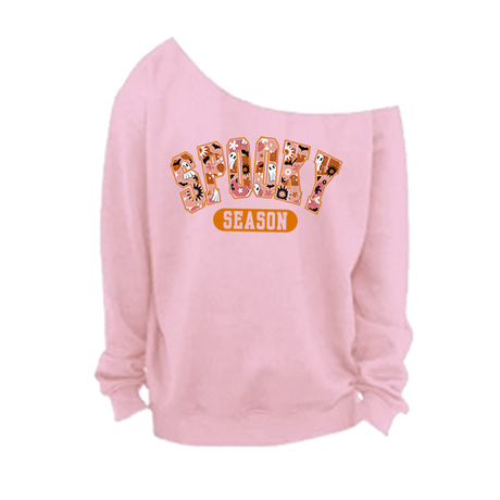 Light Pink Off The Shoulder Sweatshirt for Halloween with Spooky Season graphical print.