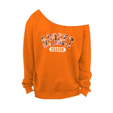 Orange Off The Shoulder Sweatshirt with Spooky Season design for Halloween.