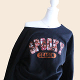Halloween Sweatshirt for women and teens with Spooky Season graphics on the front.  These are Off the Shoulder sweatshirts that can give you a trendy oversized look. all SKUs